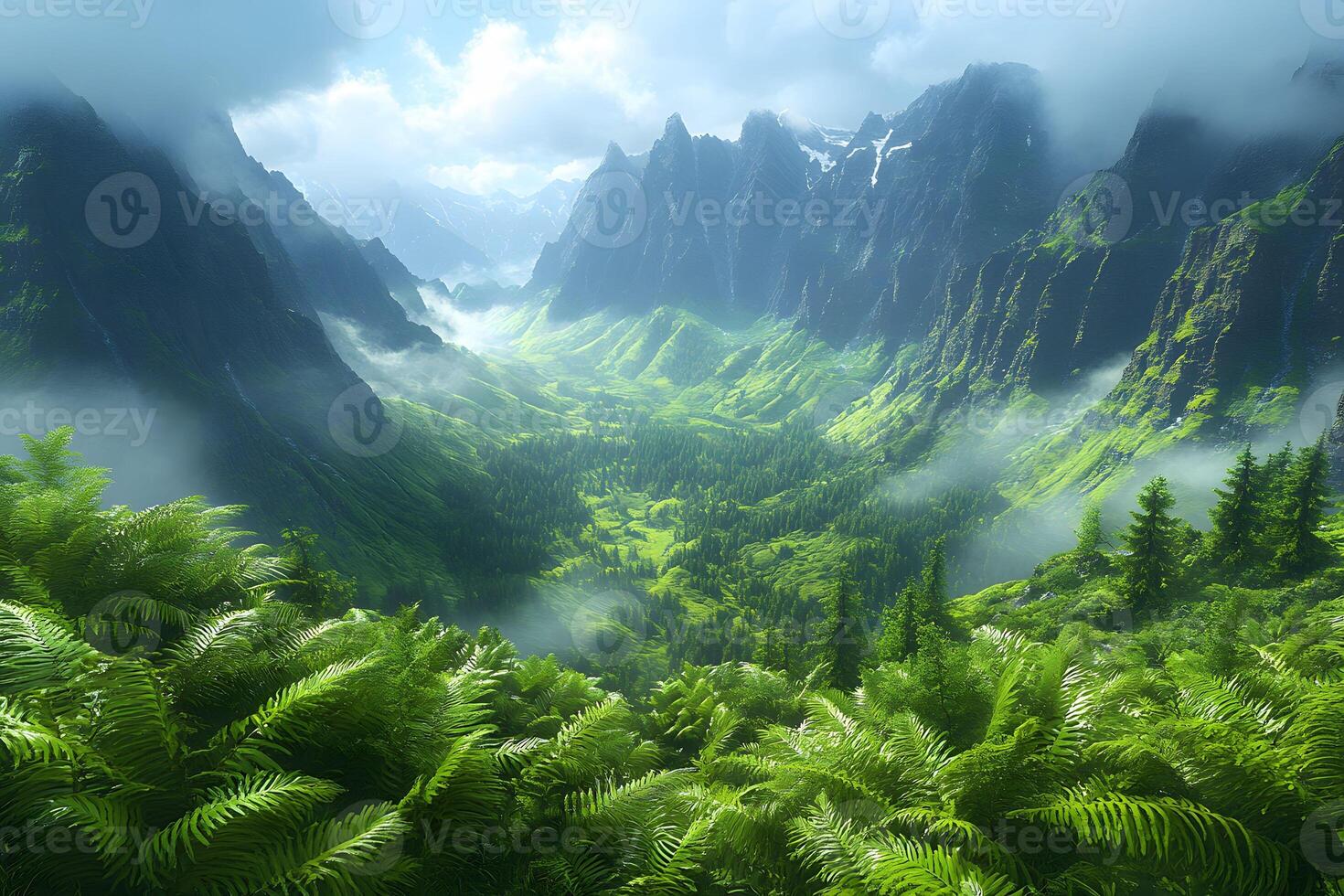 Enchanting Mountain Valley Landscape with Misty Greenery for Nature Photography and Prints photo