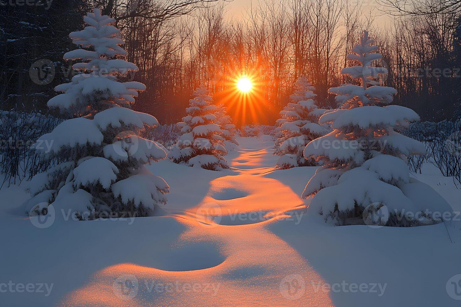 Winter Wonderland Sunrise Tranquil Snowy Landscape with Sunlit Pathway photo
