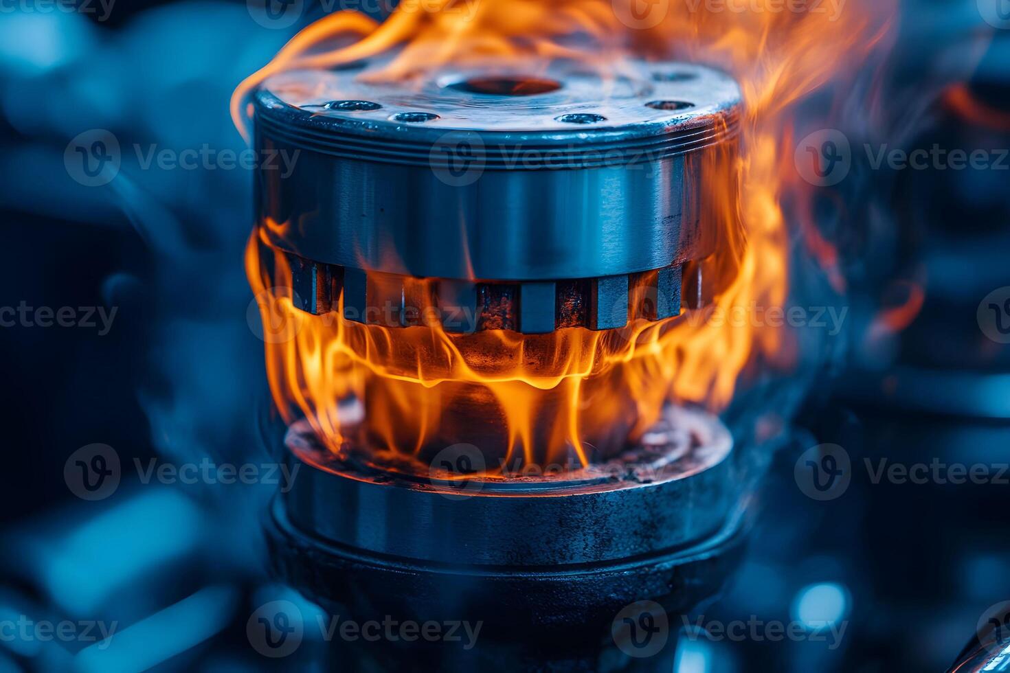 Engine Piston in Flames Concept of Power and Mechanics for Industrial Design photo