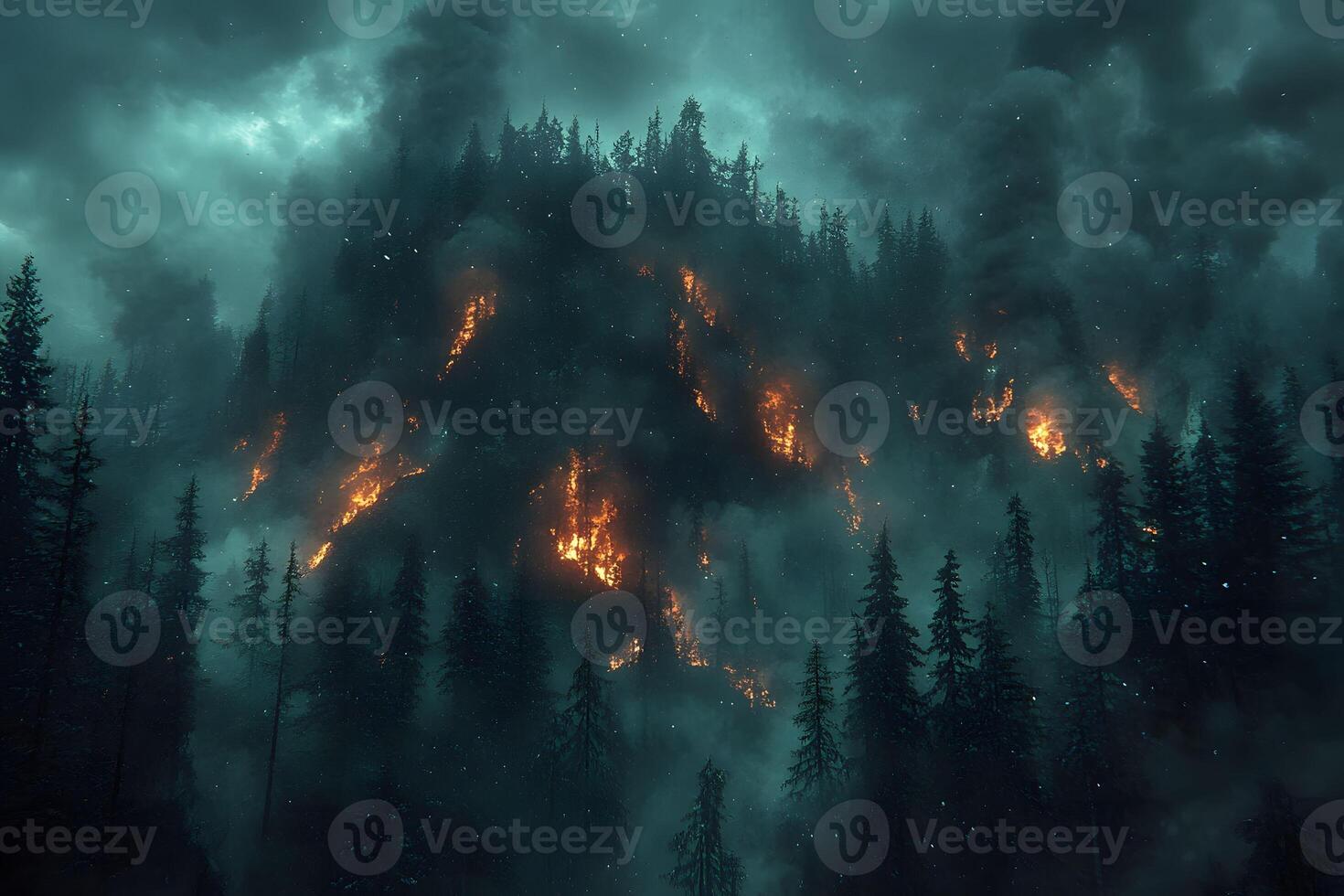 Dramatic Wildfire in Dense Forest Amid Heavy Smoke and Dark Sky photo