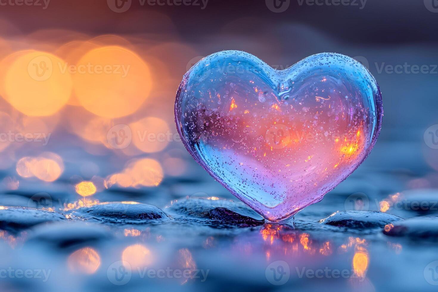 Glowing Heart-Shaped Ice on Wet Stones at Sunset - Romantic and Inspirational Concept photo