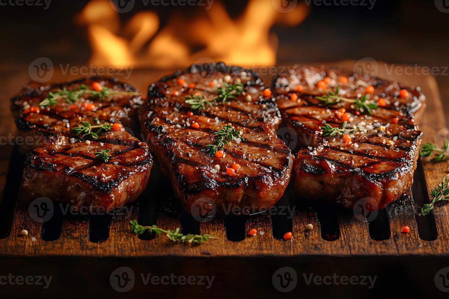 Grilled Steaks with Fresh Herbs on Wooden Board for Barbecue and Cooking photo