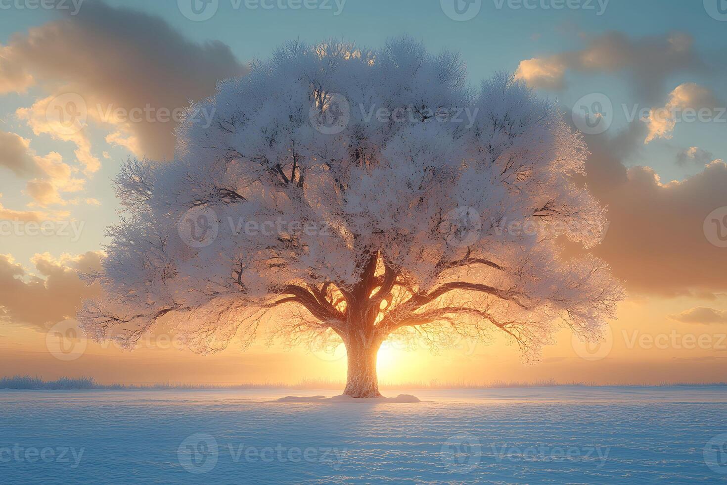 Solitary Winter Tree at Sunset with Snow-Covered Branches in Scenic Landscape photo