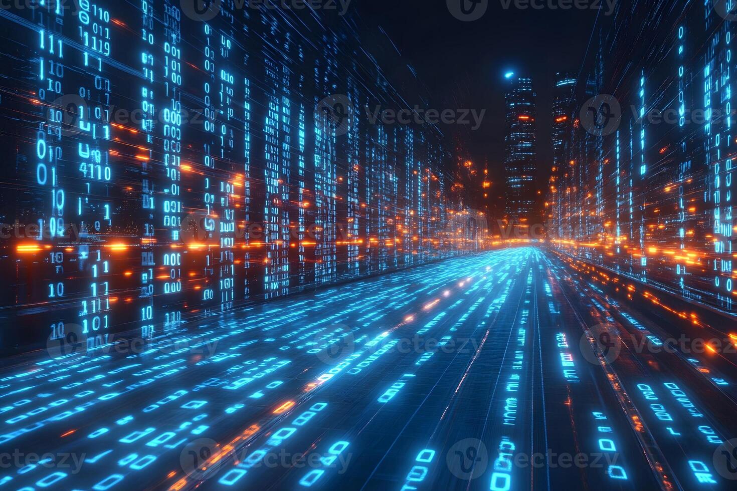 Futuristic Digital Cityscape with Binary Code and Glowing Lights for Technology Themes photo