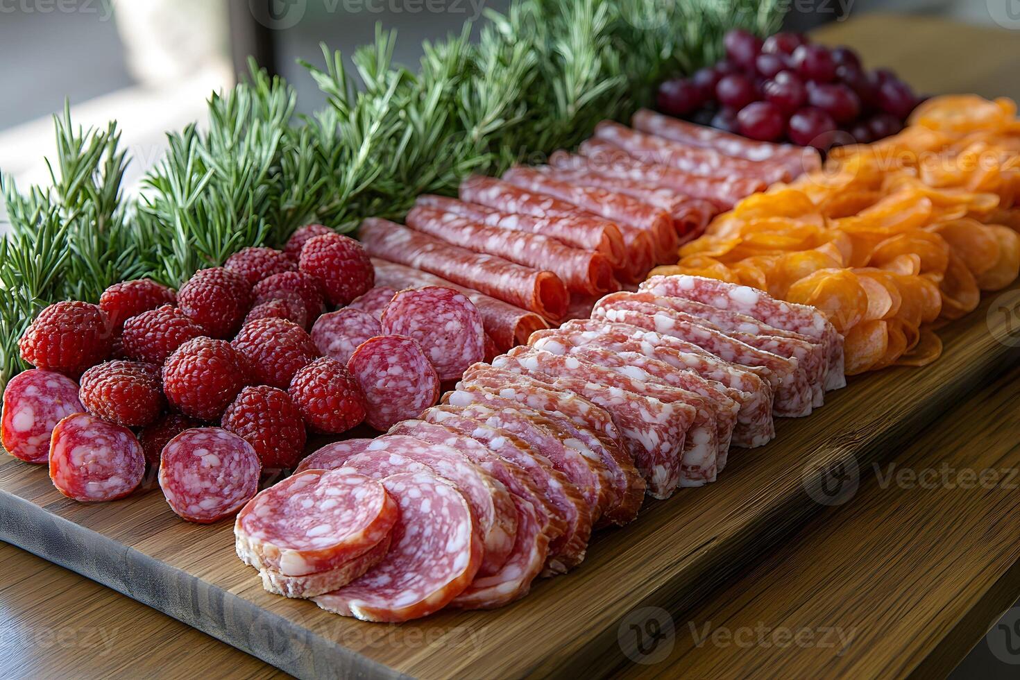 Gourmet Charcuterie Board with Assorted Meats, Fruits, and Rosemary Garnish for Entertaining and Catering photo