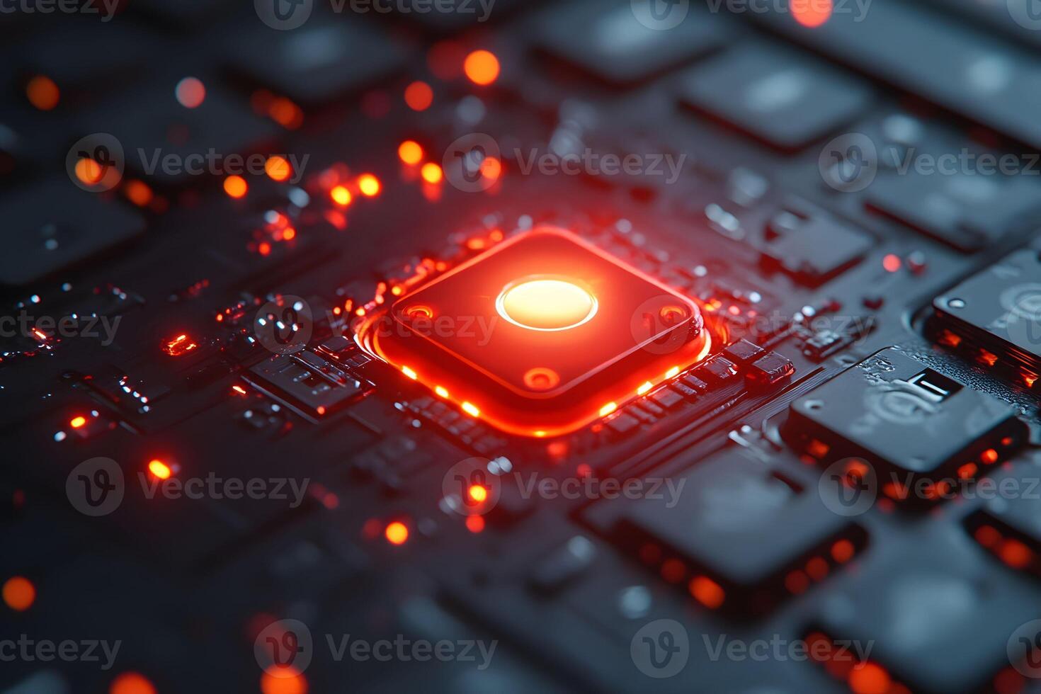 Futuristic Tech Microchip with Glowing Red Light - Abstract Digital Technology Design photo