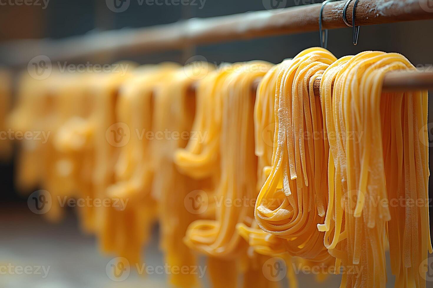 Traditional Italian Pasta Drying on Wooden Racks photo