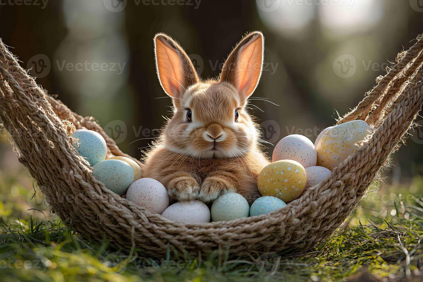 Easter Bunny in Hammock with Colorful Eggs - Springtime Festivity Inspiration photo