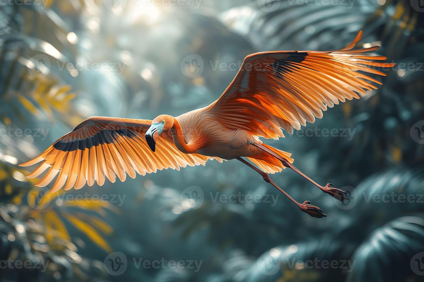 Majestic Flamingo in Flight Over Lush Tropical Foliage photo