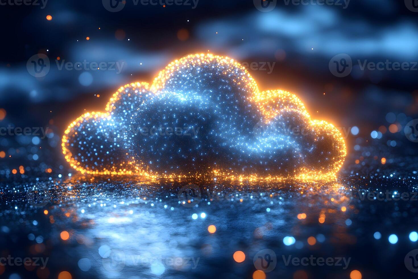 Illuminated Cloud on Reflective Surface with Orange and Blue Lights - Futuristic and Abstract Design photo