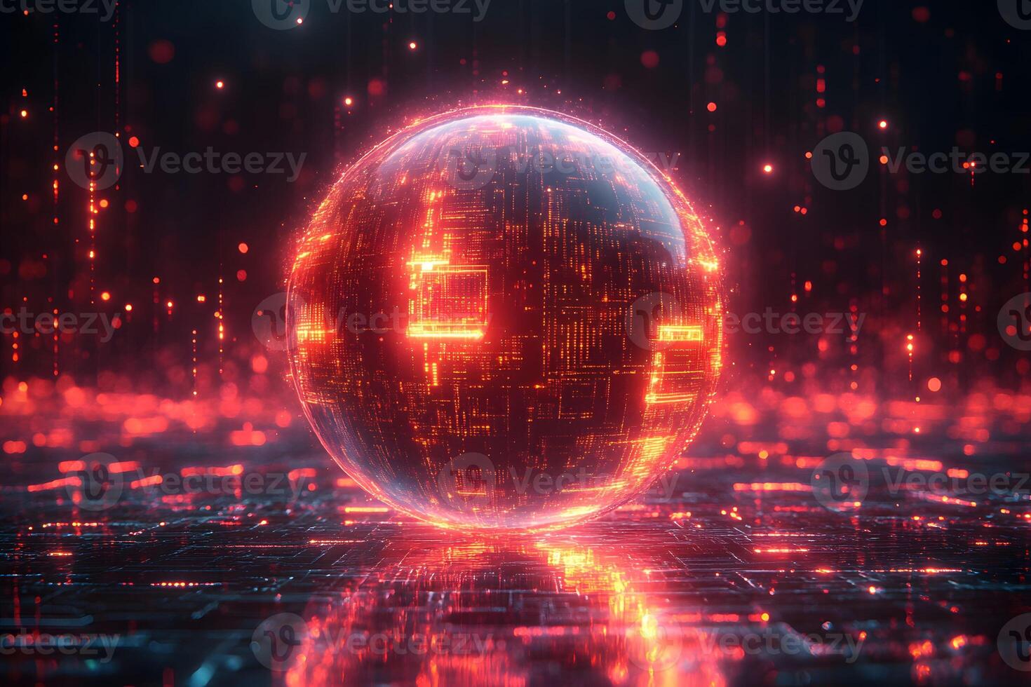 Futuristic Digital Sphere with Glowing Red Codes in Virtual Cyberspace photo