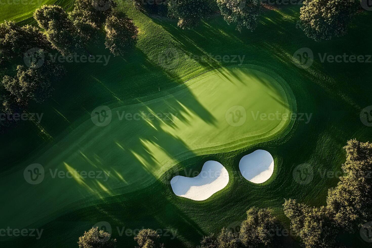 Aerial View of Golf Course Fairway with Sand Traps Surrounded by Lush Greenery at Sunrise photo