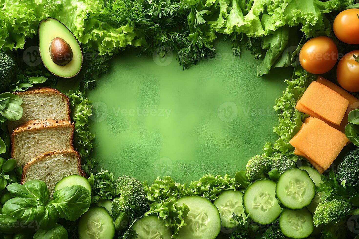 Green Healthy Living Fresh Vegetables, Bread, and Cheese for Balanced Diet photo