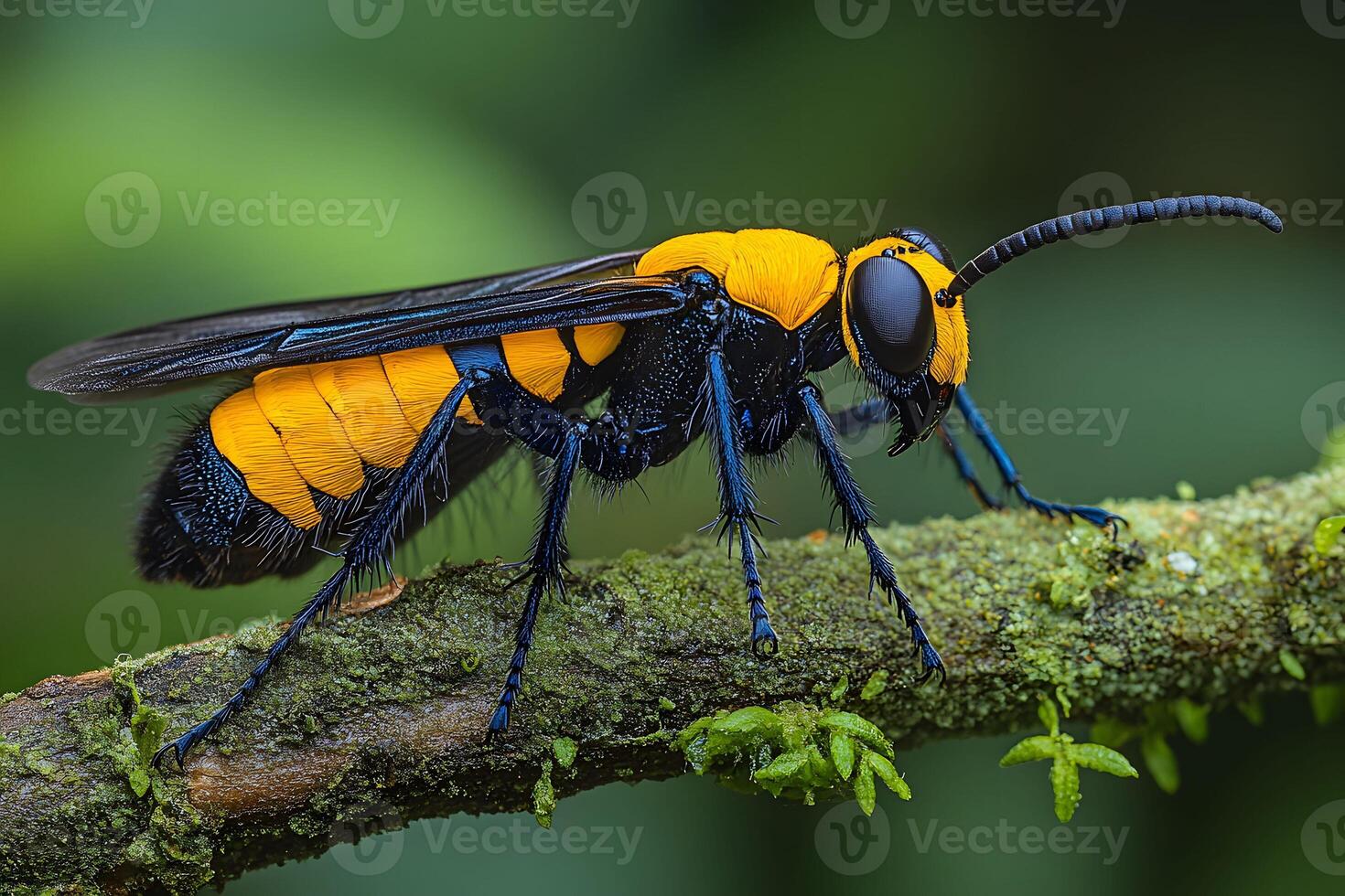 Vibrant Yellow and Black Wasp on Mossy Branch - Nature Macro Photography photo
