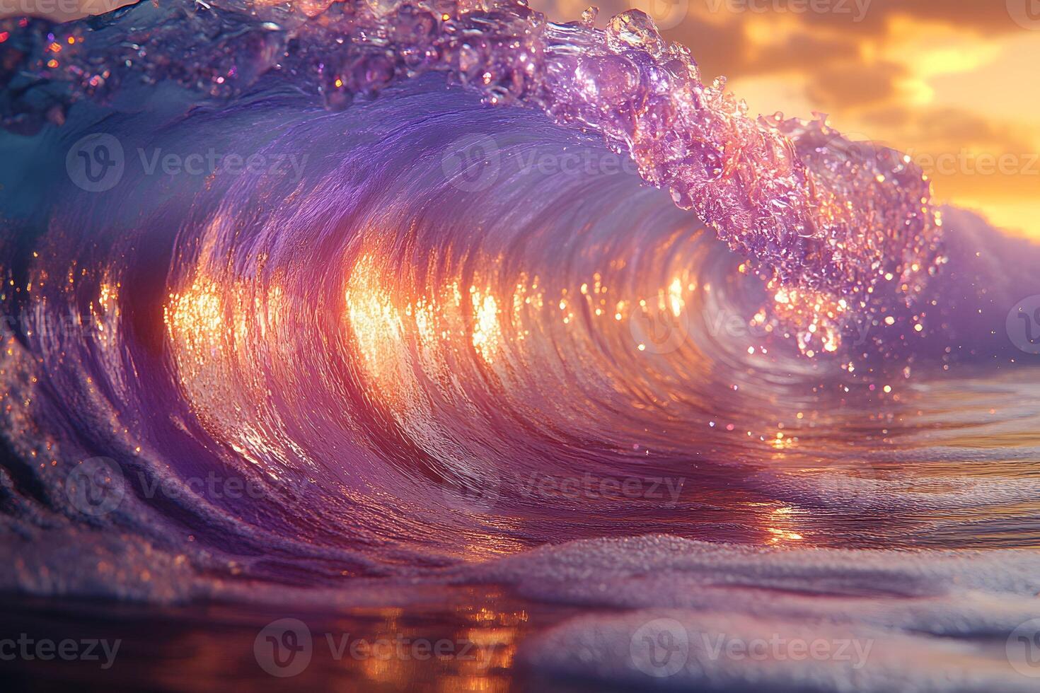 Vibrant Sunset Ocean Wave with Sparkling Water and Golden Light Reflection photo