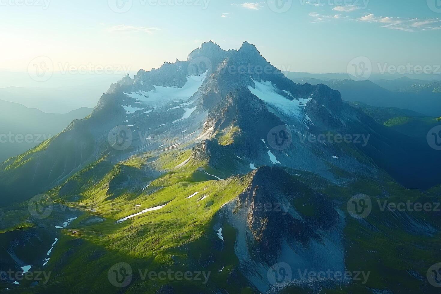 Majestic Mountain Range at Sunrise with Lush Green Valleys and Snow-capped Peaks photo