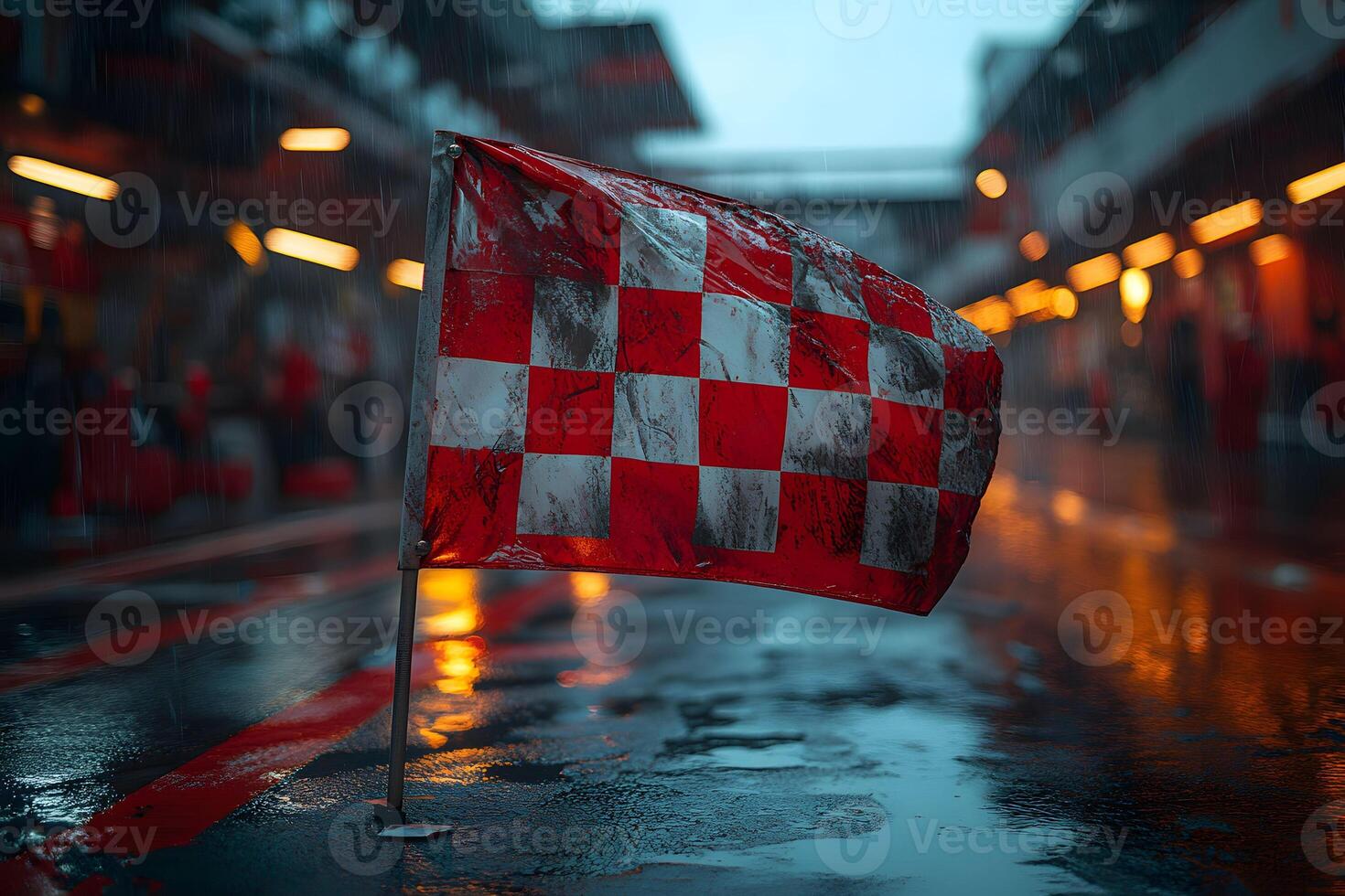 Rainy Race Day Scene with Checkered Flag in Pit Stop Area photo