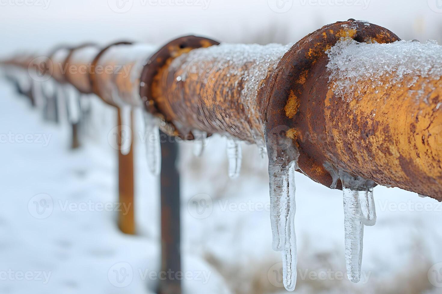 Winter Weathered Pipeline with Rust and Icicles in a Snowy Landscape photo