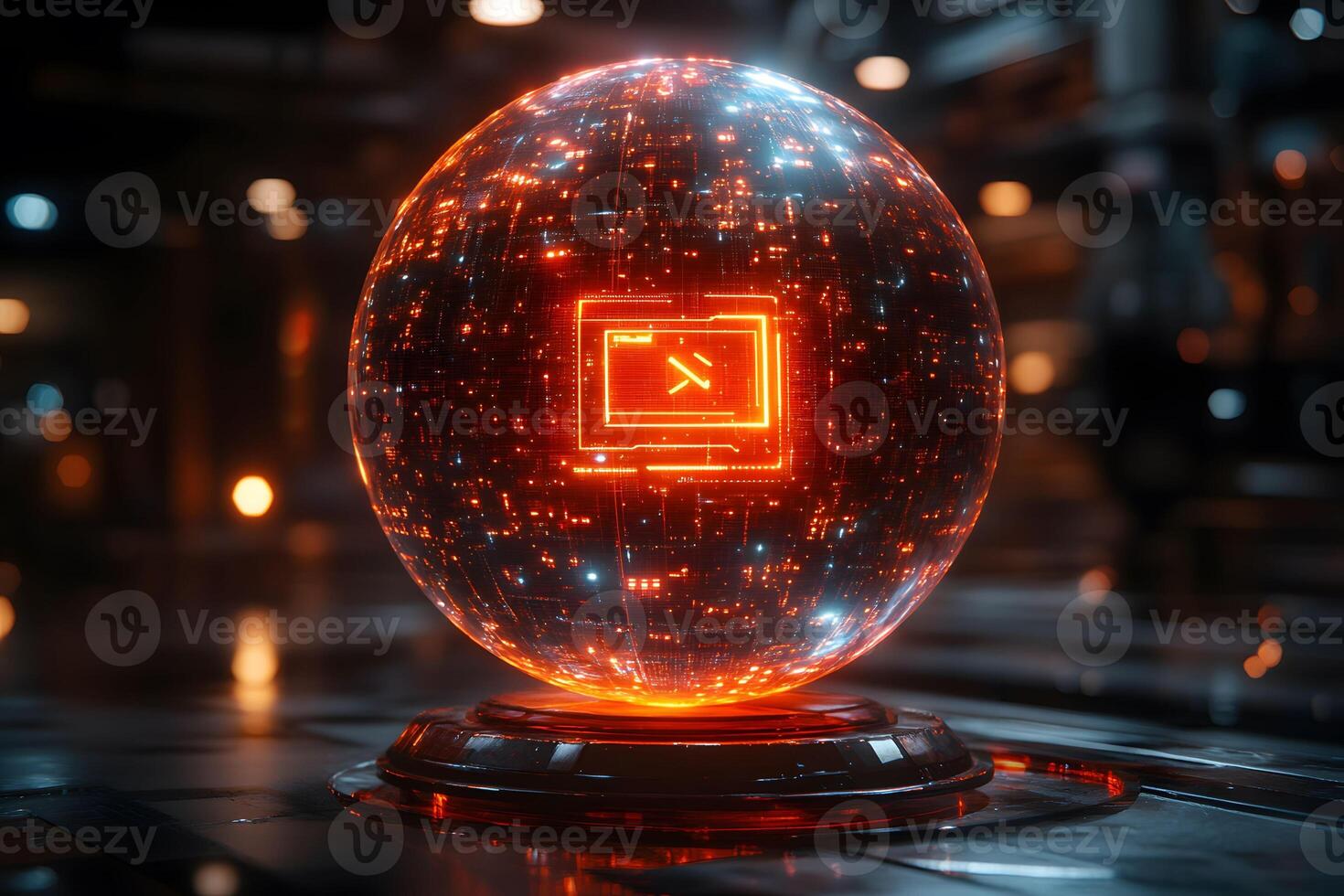 Futuristic Digital Technology Interface Sphere with Computer Icon in Neon Orange Glow photo