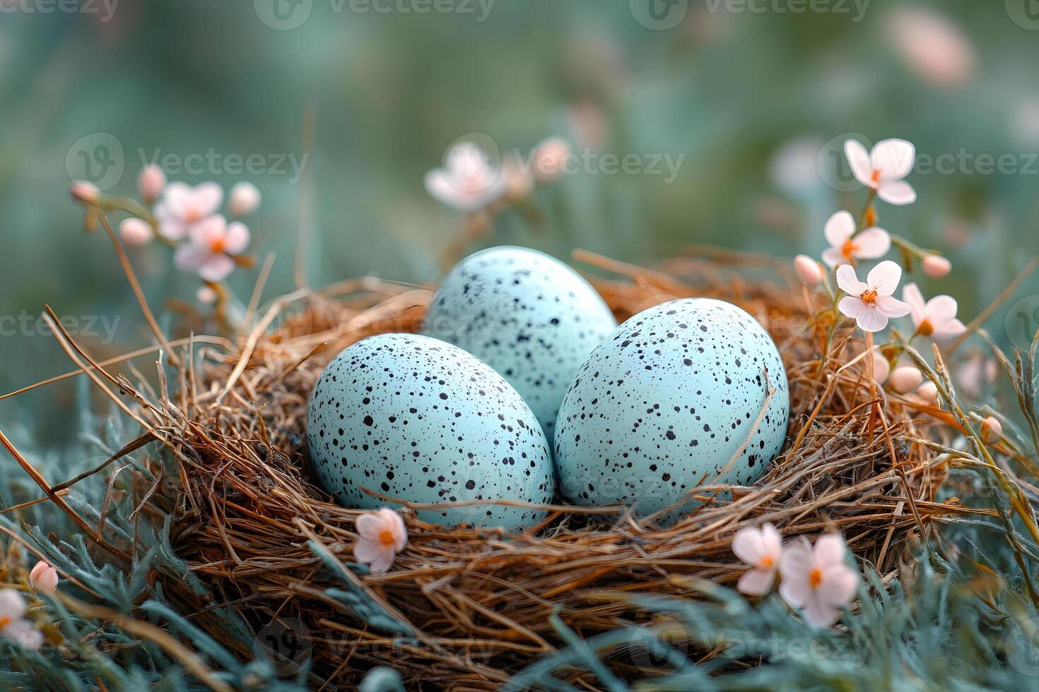 Easter Nest with Blue Speckled Eggs and Blossoms for Spring Decorations photo