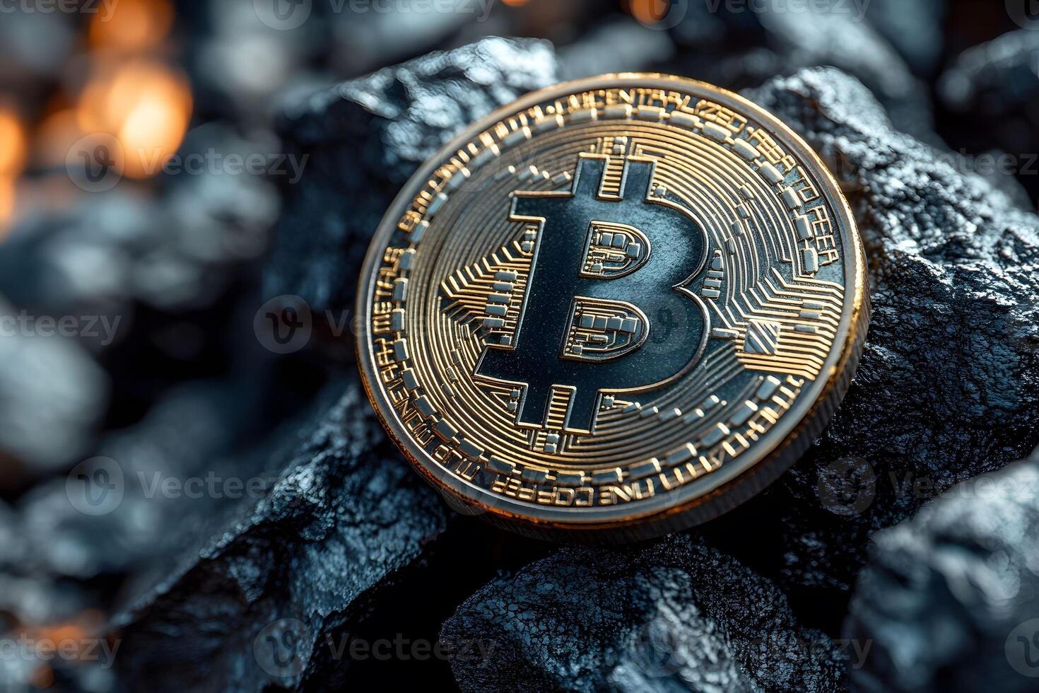Bitcoin Cryptocurrency Concept on Coal Background for Finance and Mining Industries photo