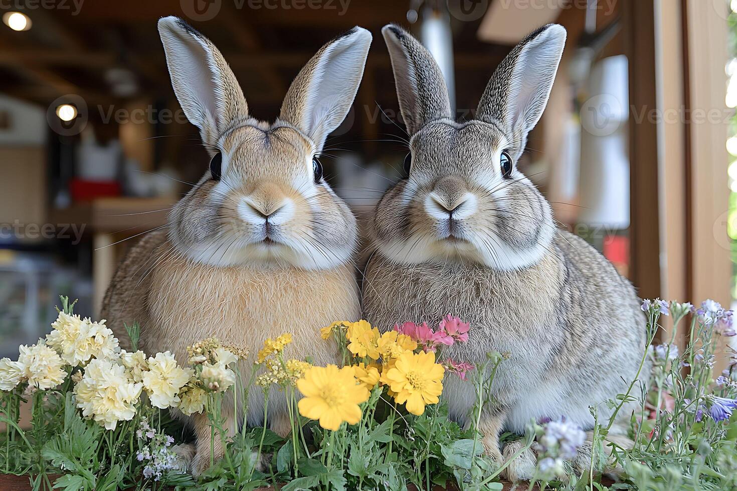 Adorable Rabbits Among Vibrant Spring Flowers for Easter Celebration Design photo