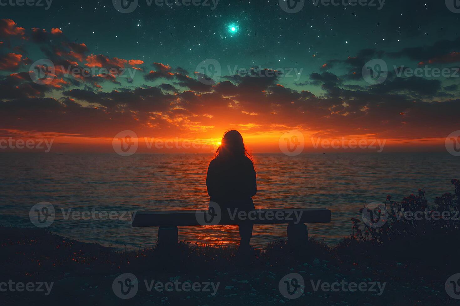 Tranquil Sunset Silhouette by the Ocean Inspirational Night Sky Photography photo