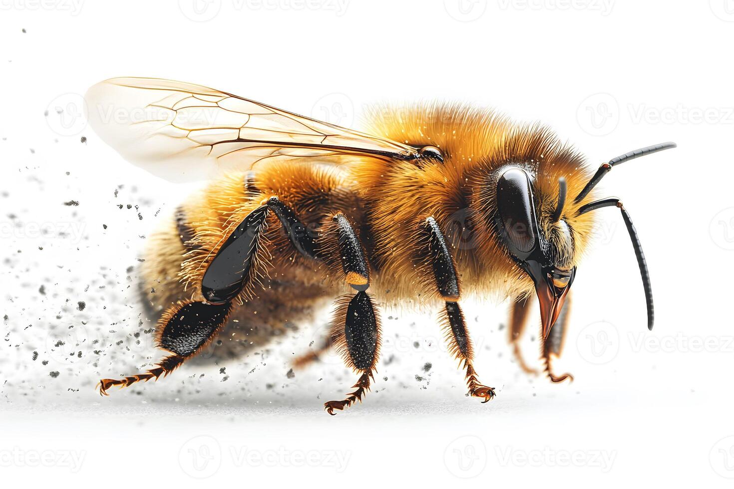 Macro Shot of Honeybee in Flight with Pollen - Nature and Wildlife Concept photo