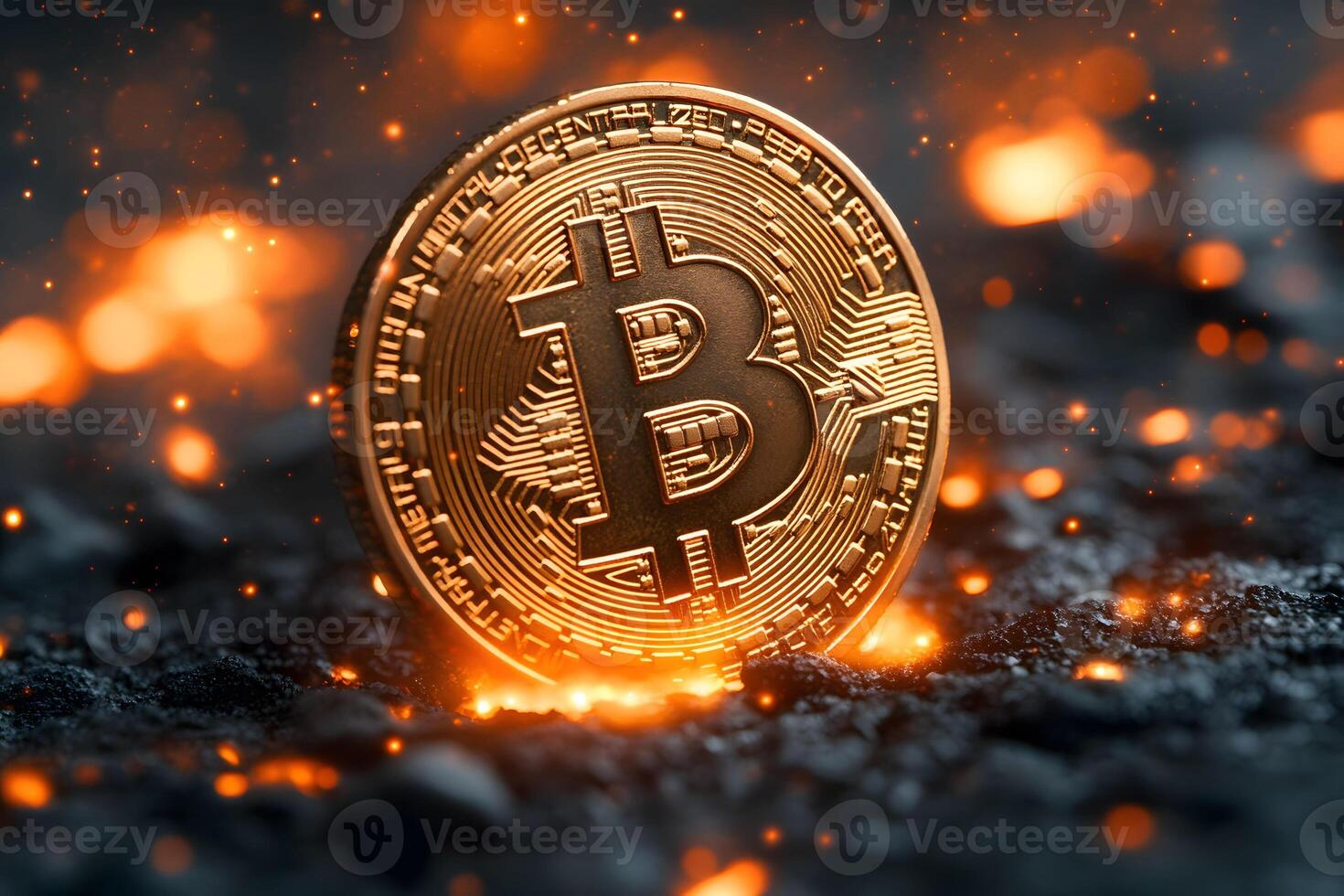 Digital Currency Revolution Bitcoin Coin on Fiery Background for Financial Inspiration photo