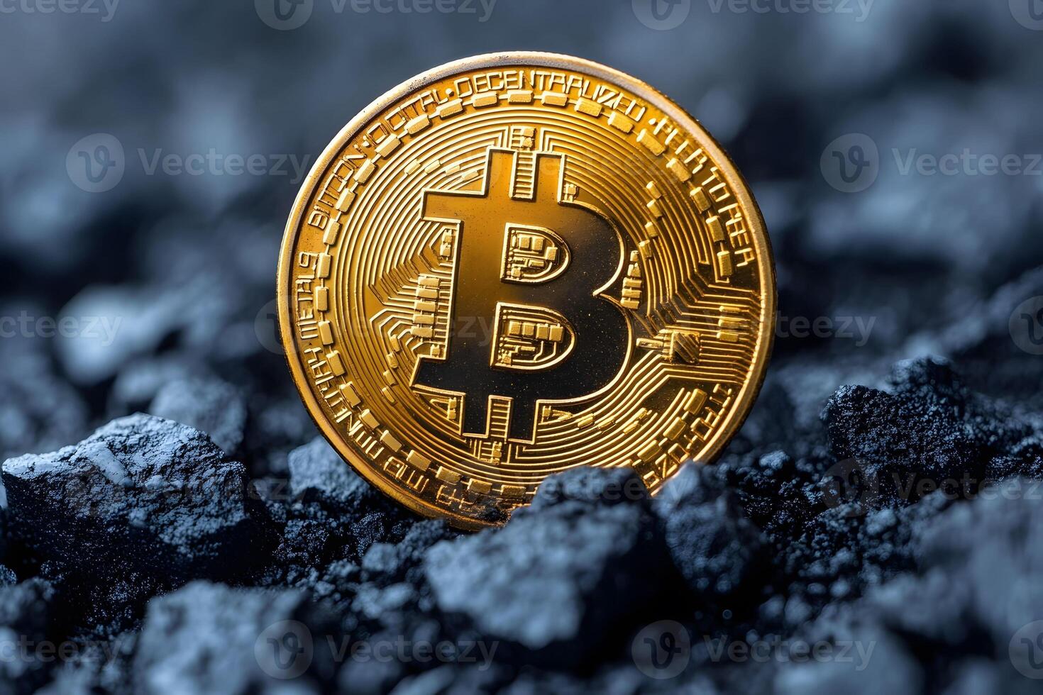 Bitcoin Symbol on Dark Rocks - Cryptocurrency Investment Concept for Digital Finance Design photo