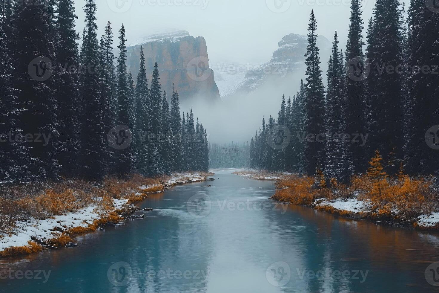 Serene Winter Landscape in Majestic Mountain Valley for Prints and Posters photo