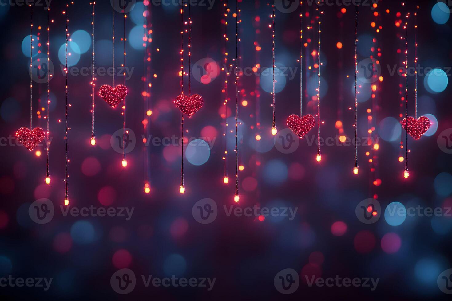 Romantic Valentine's Day Background with Hanging Hearts and Sparkling Lights photo