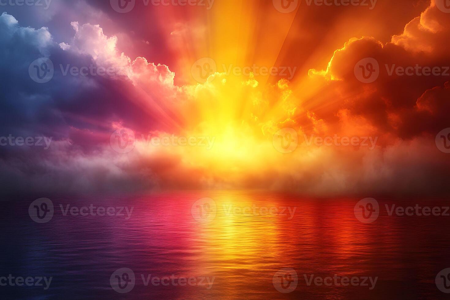 Vibrant Sunset Over Calm Ocean Horizon with Radiant Clouds photo