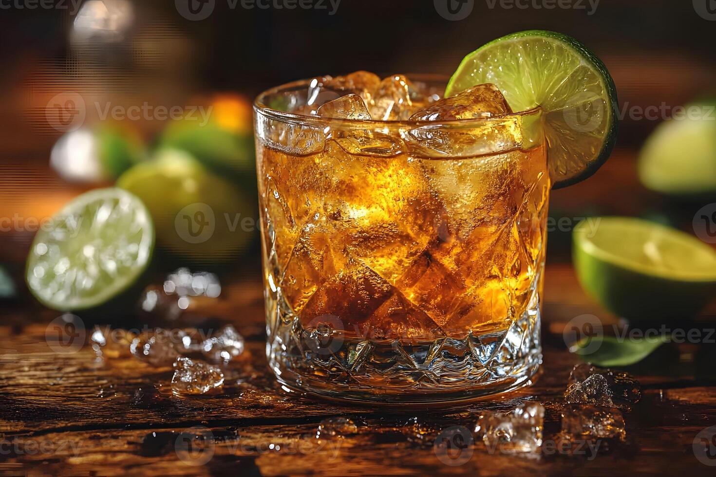 Refreshing Lime Cocktail on Rustic Wooden Bar Beverage Garnished with Ice and Citrus photo