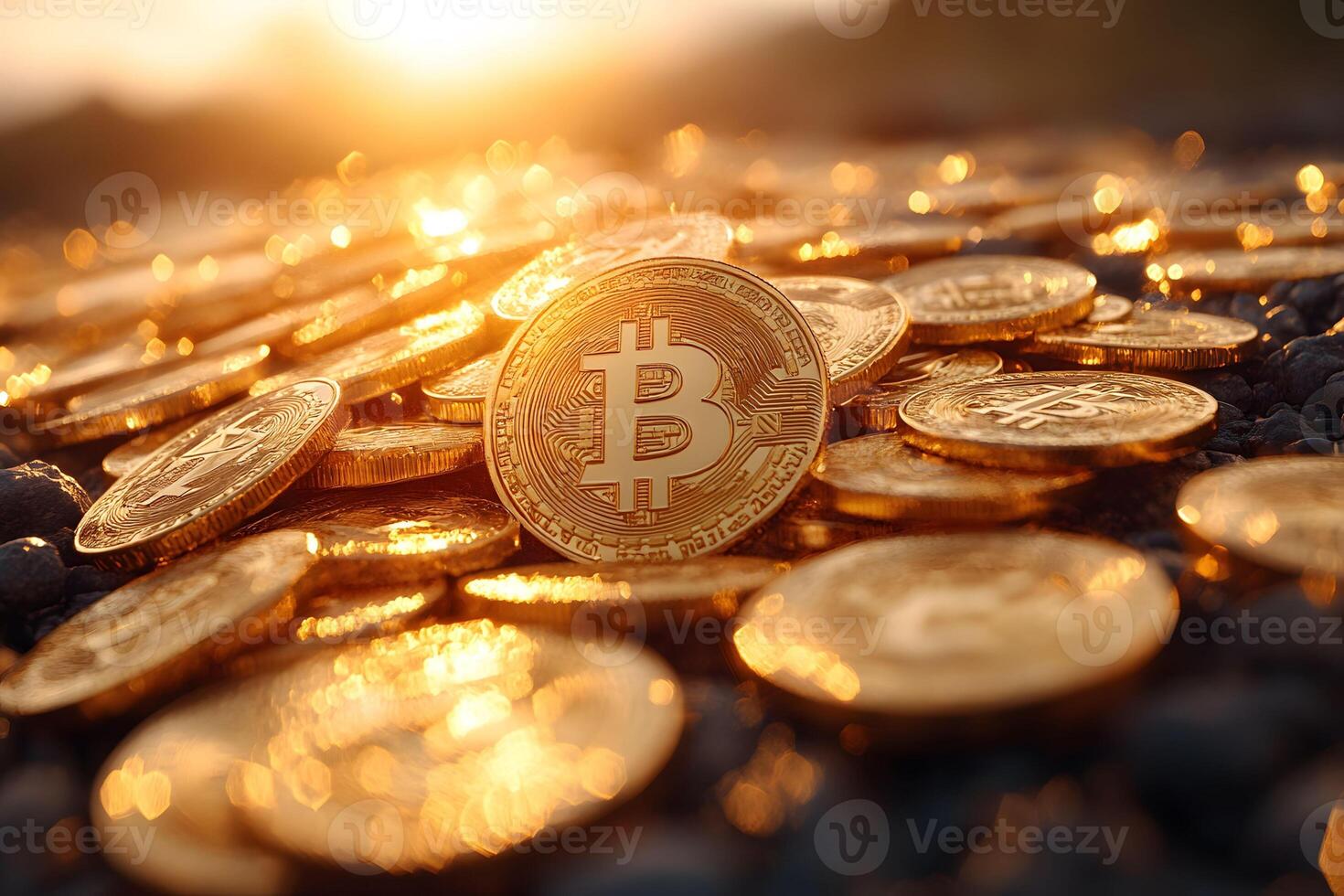 Golden Bitcoin Cryptocurrency Concept in Sunlit Landscape - Investment and Blockchain Technology Theme photo