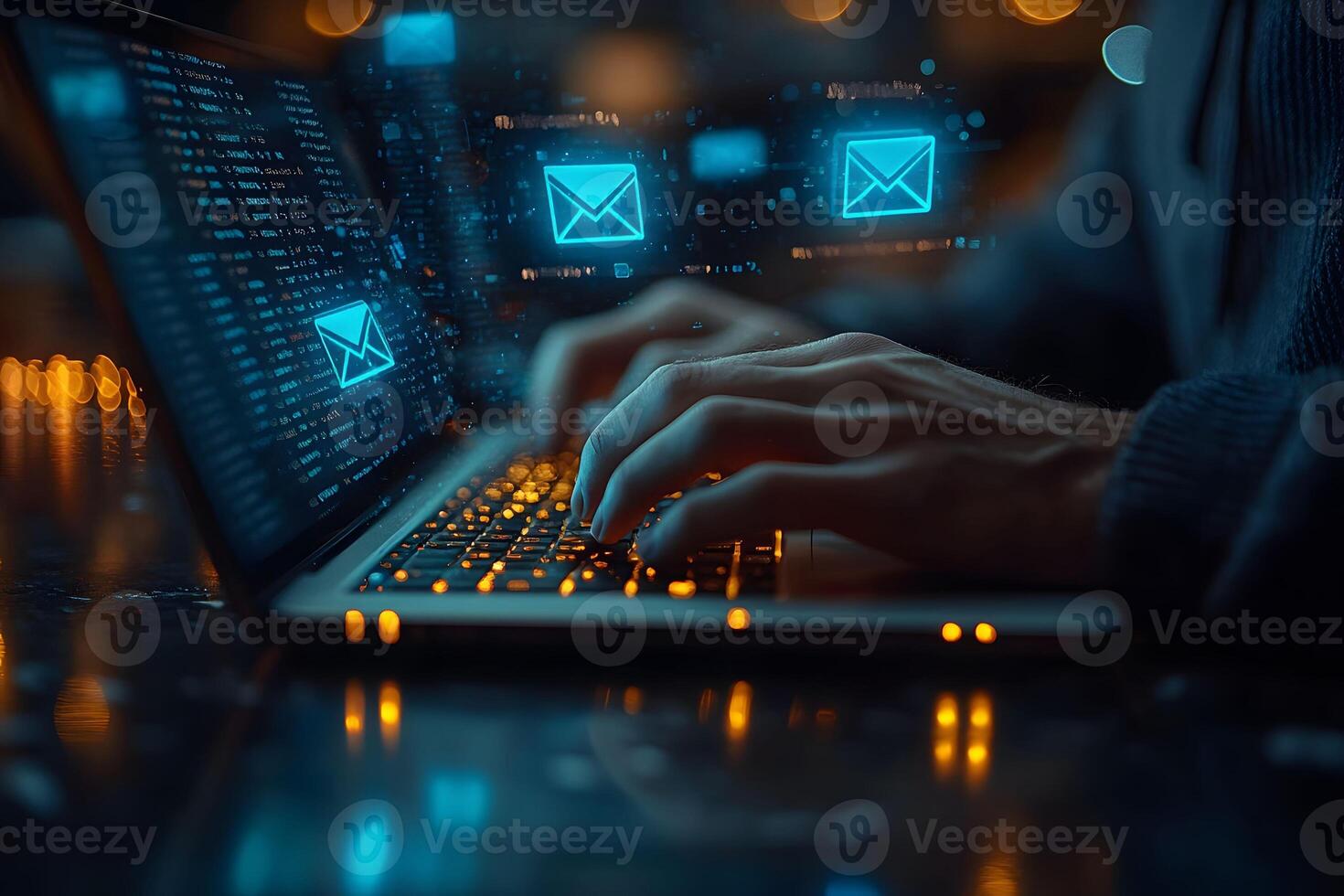 Email Communication Technology Hands Typing on Laptop Keyboard with Digital Icons photo