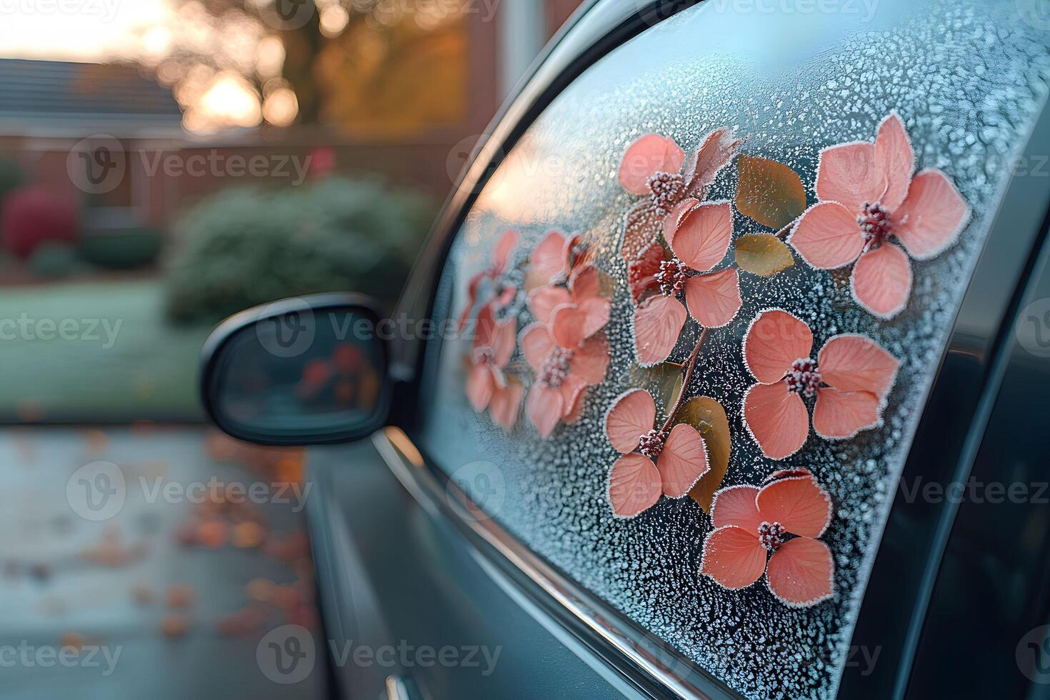 Frosty Autumn Morning with Floral Car Window Decor for Seasonal Design and Inspiration photo