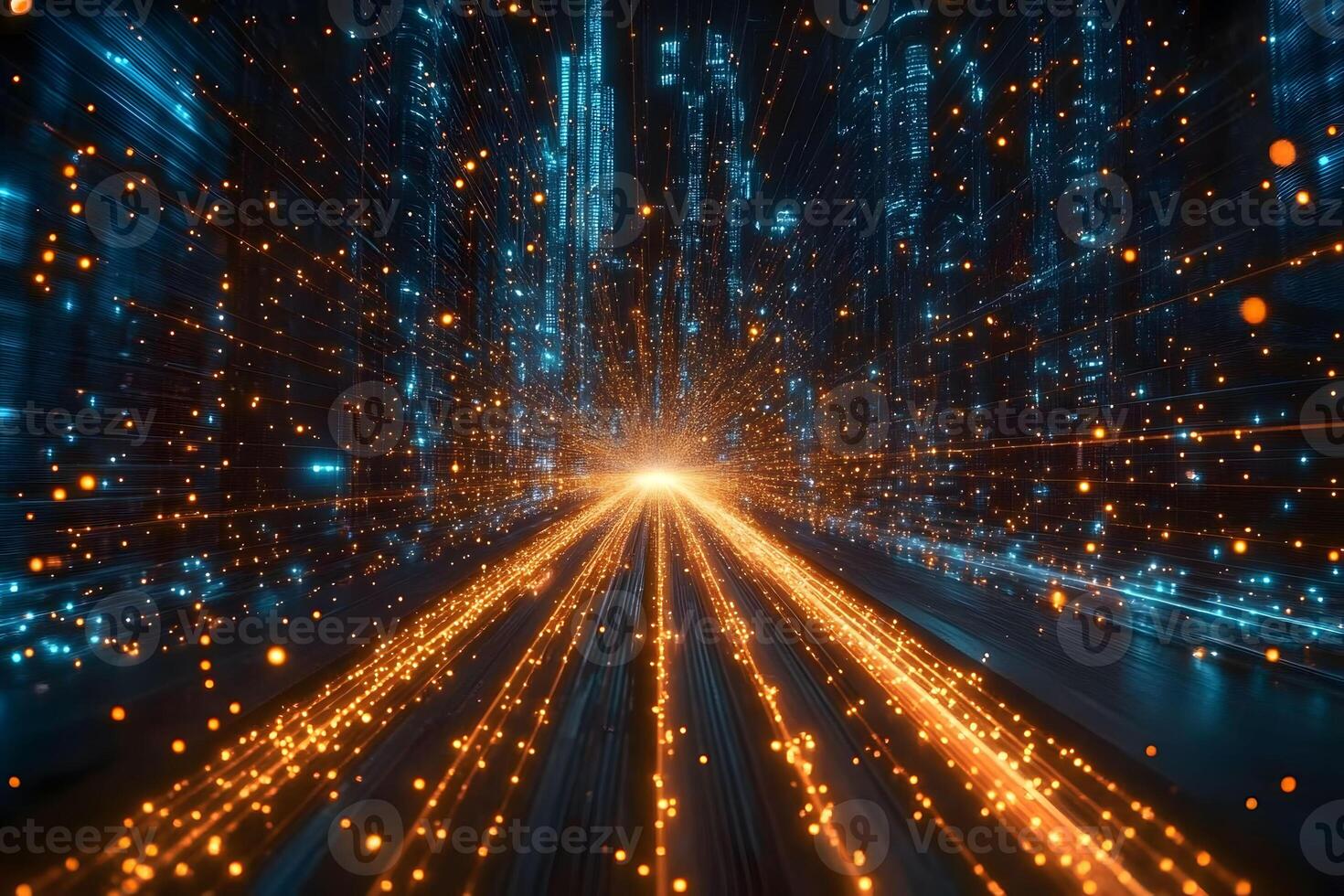 Futuristic Digital Cityscape with Glowing Light Trails and Neon Skyscrapers photo
