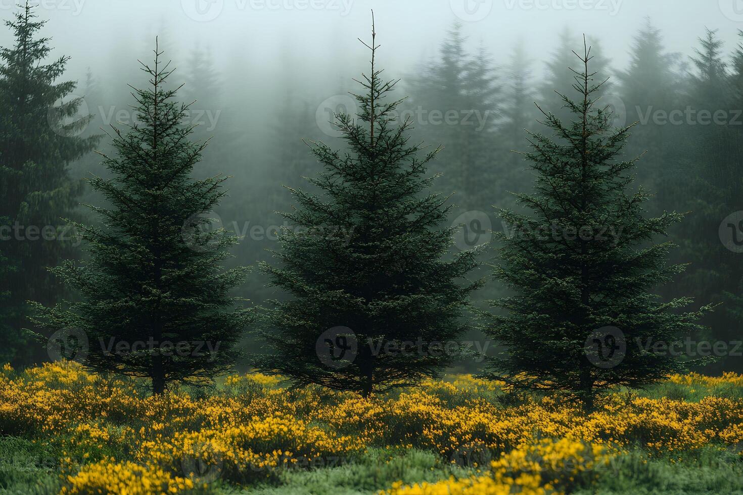 Misty Pine Forest with Yellow Wildflowers in Tranquil Landscape for Nature Photography photo