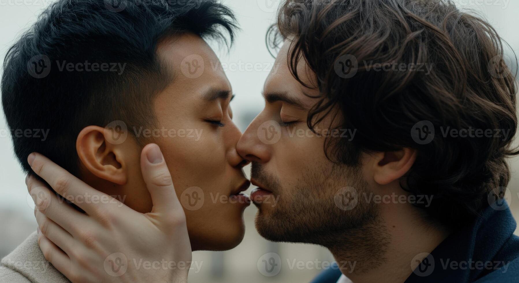 Diverse relationship and romantic connection between young asian and caucasian males photo