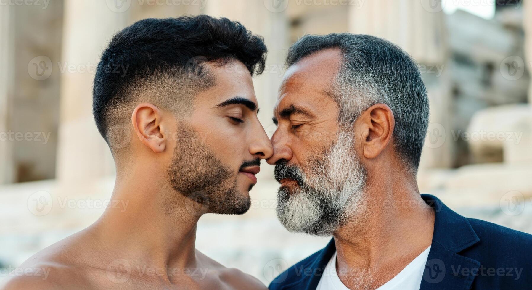 Intimate moment between young middle eastern man and mature caucasian man in outdoor setting photo