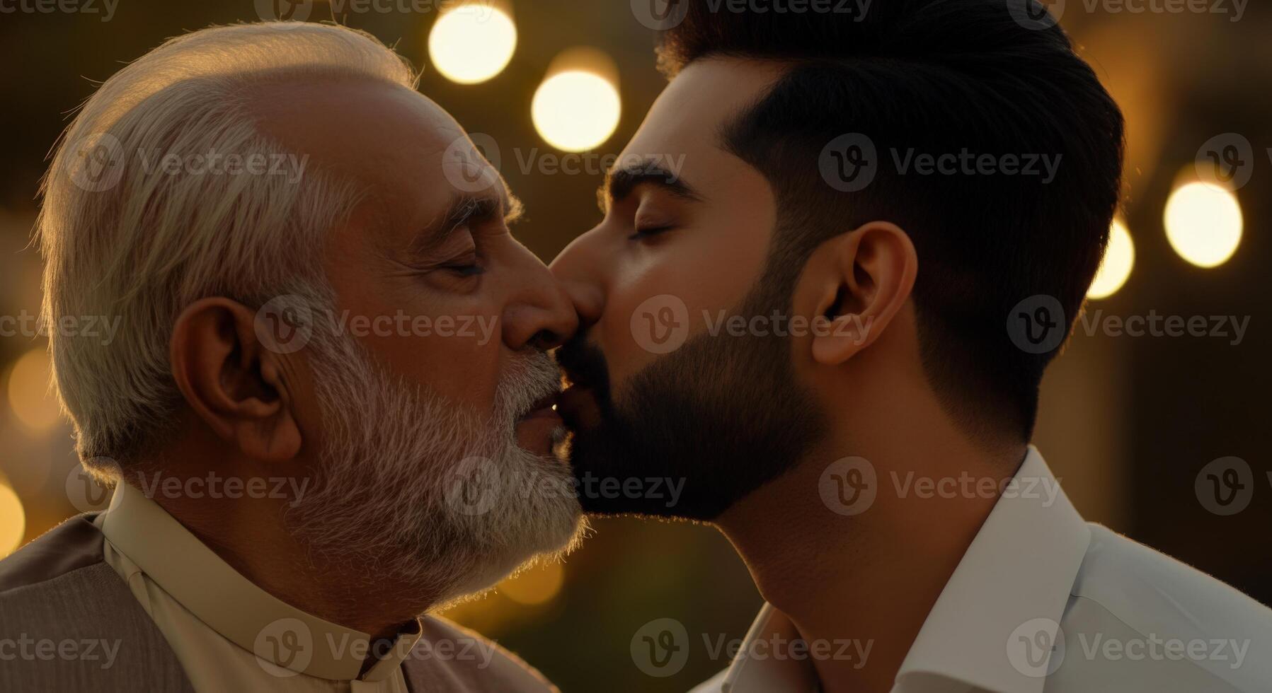 Heartwarming moment between elderly and young south asian males under festive lights photo