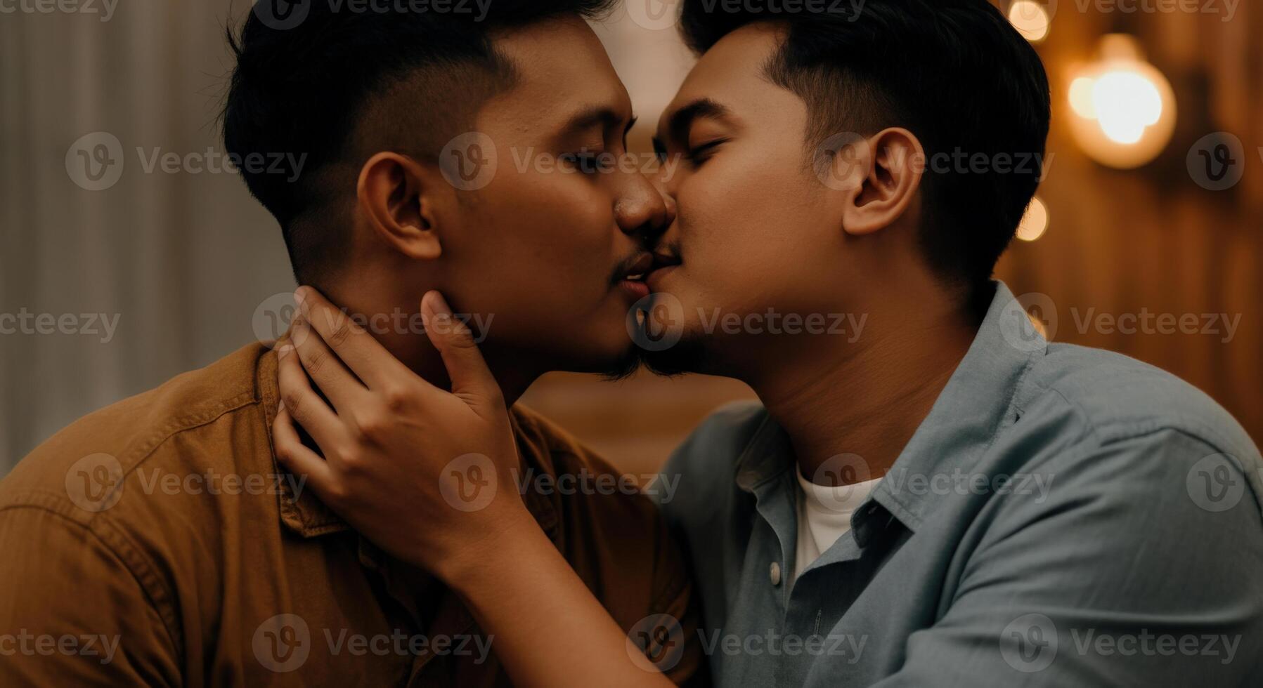 Romantic moment between two men in intimate setting with soft lighting photo