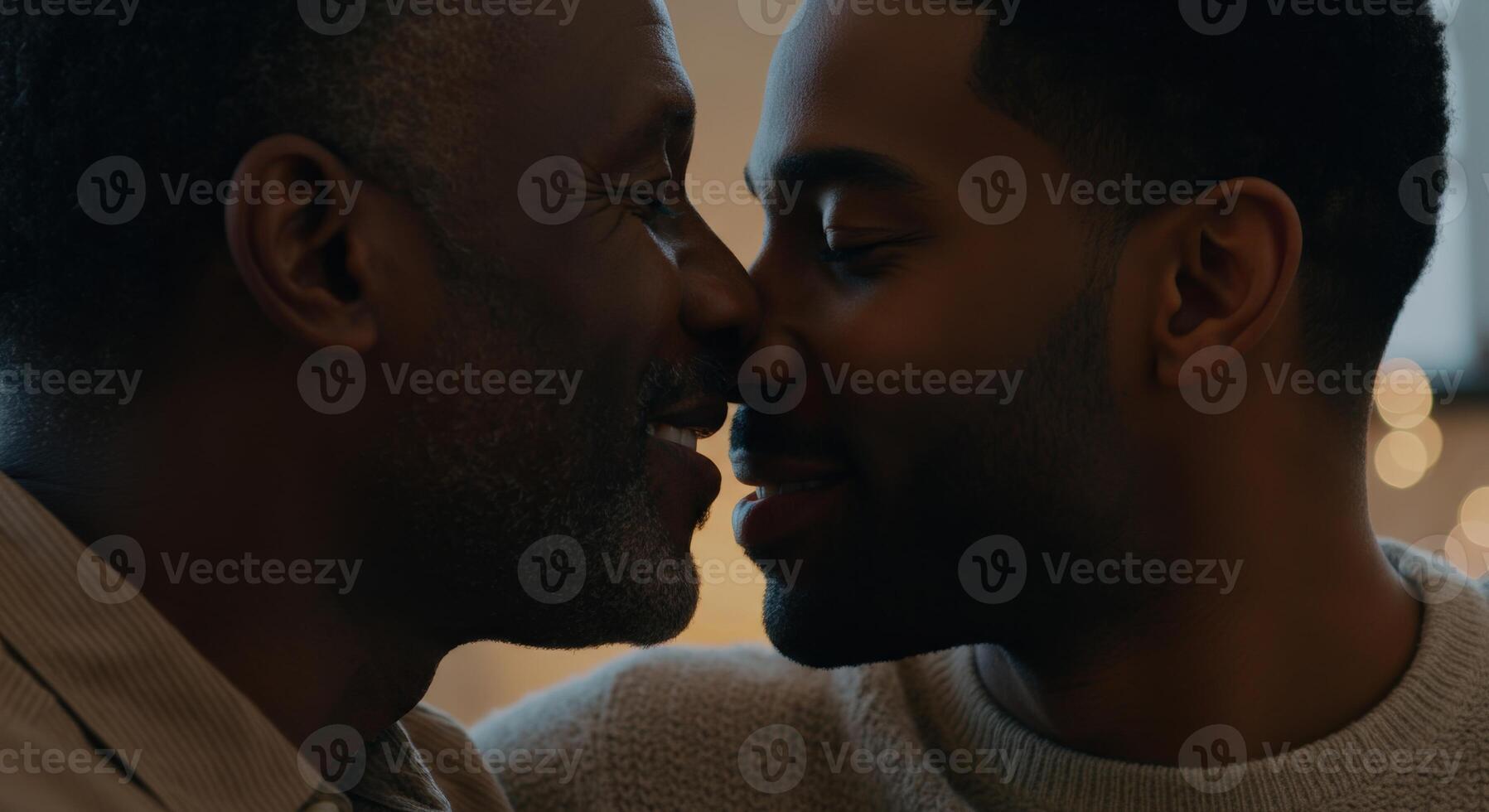 Tender moment between mature and young african american men celebrating love and connection photo