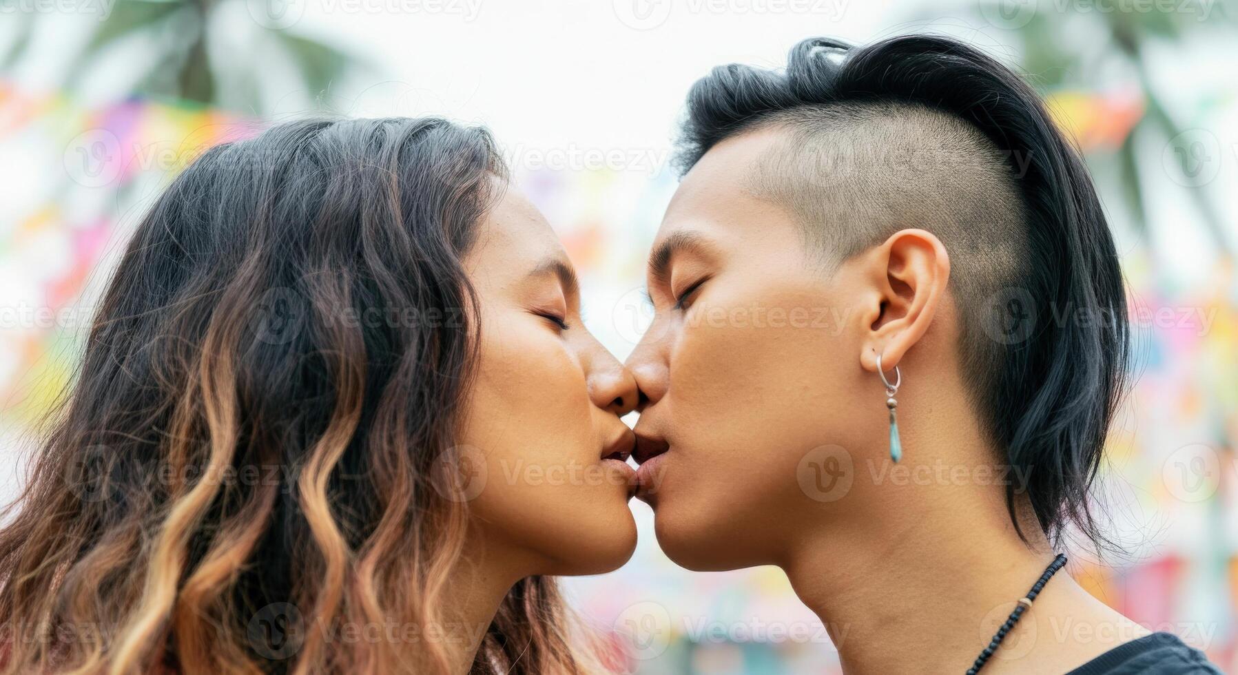 Young asian couple kissing in colorful outdoor setting with festive flags photo
