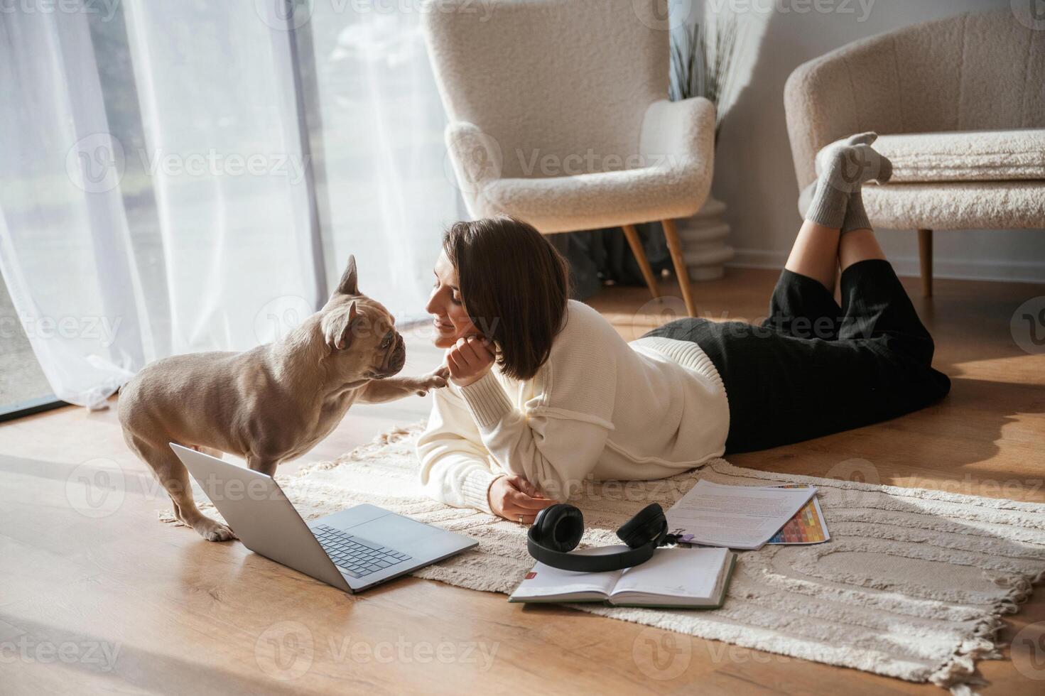 Cute pug is looking at his owner,,. Young woman with laptop at home photo