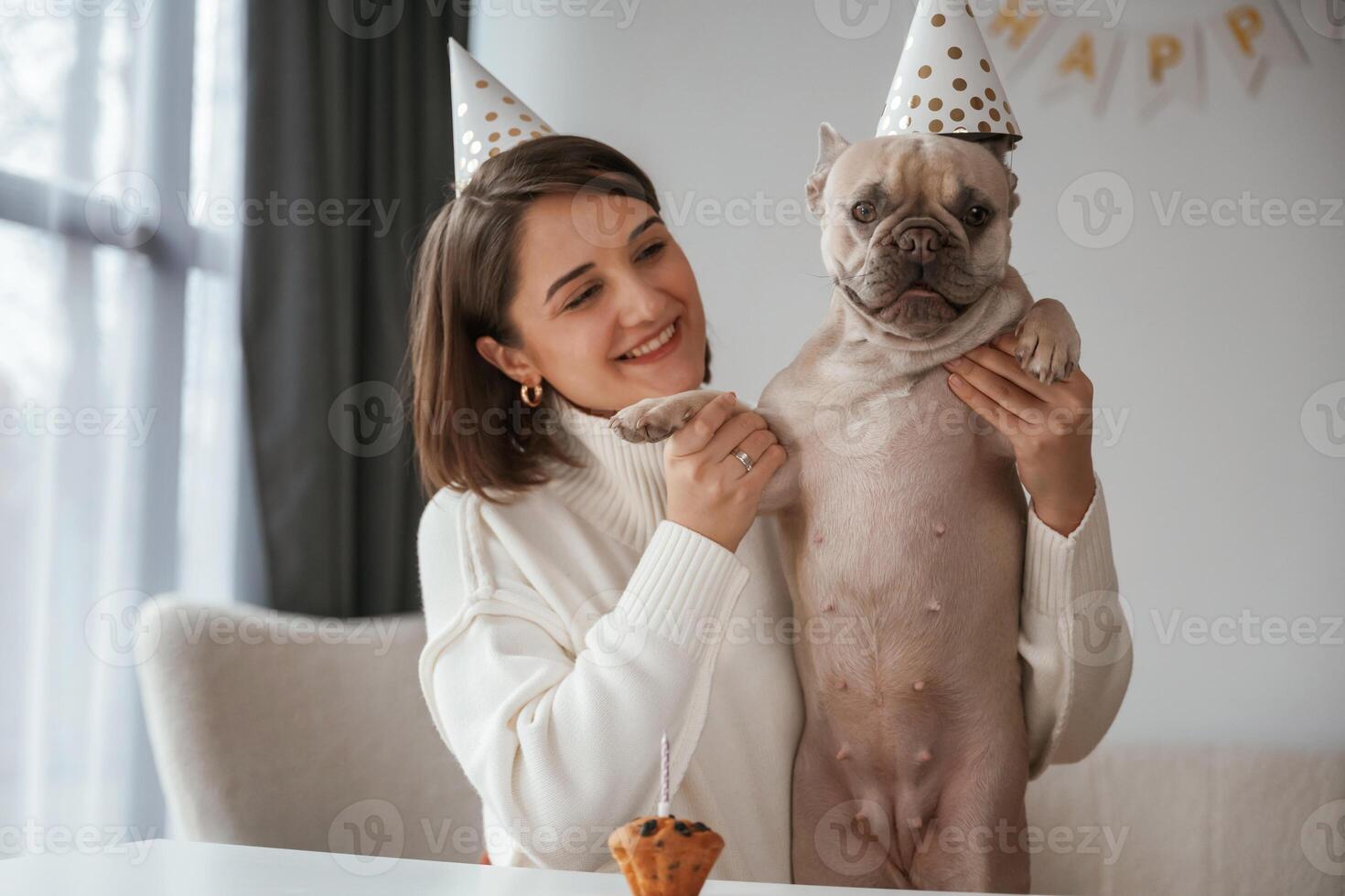 By ,the ,table, celebrating happy birthday of pet. Young woman is with her pug dog at home photo