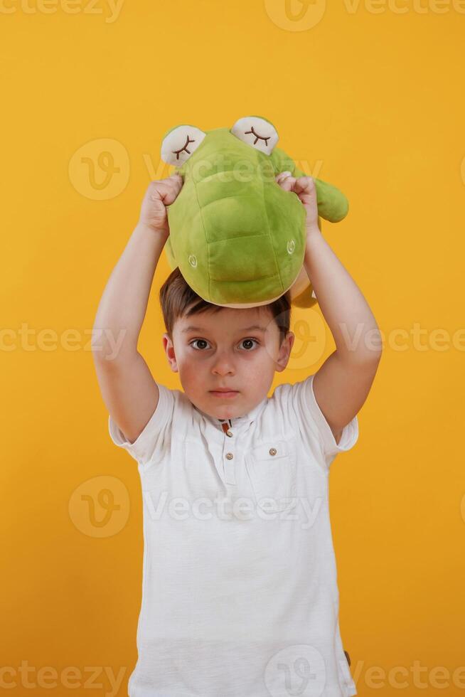 Front,, view. Little boy is in the ,studio, against yellow background photo