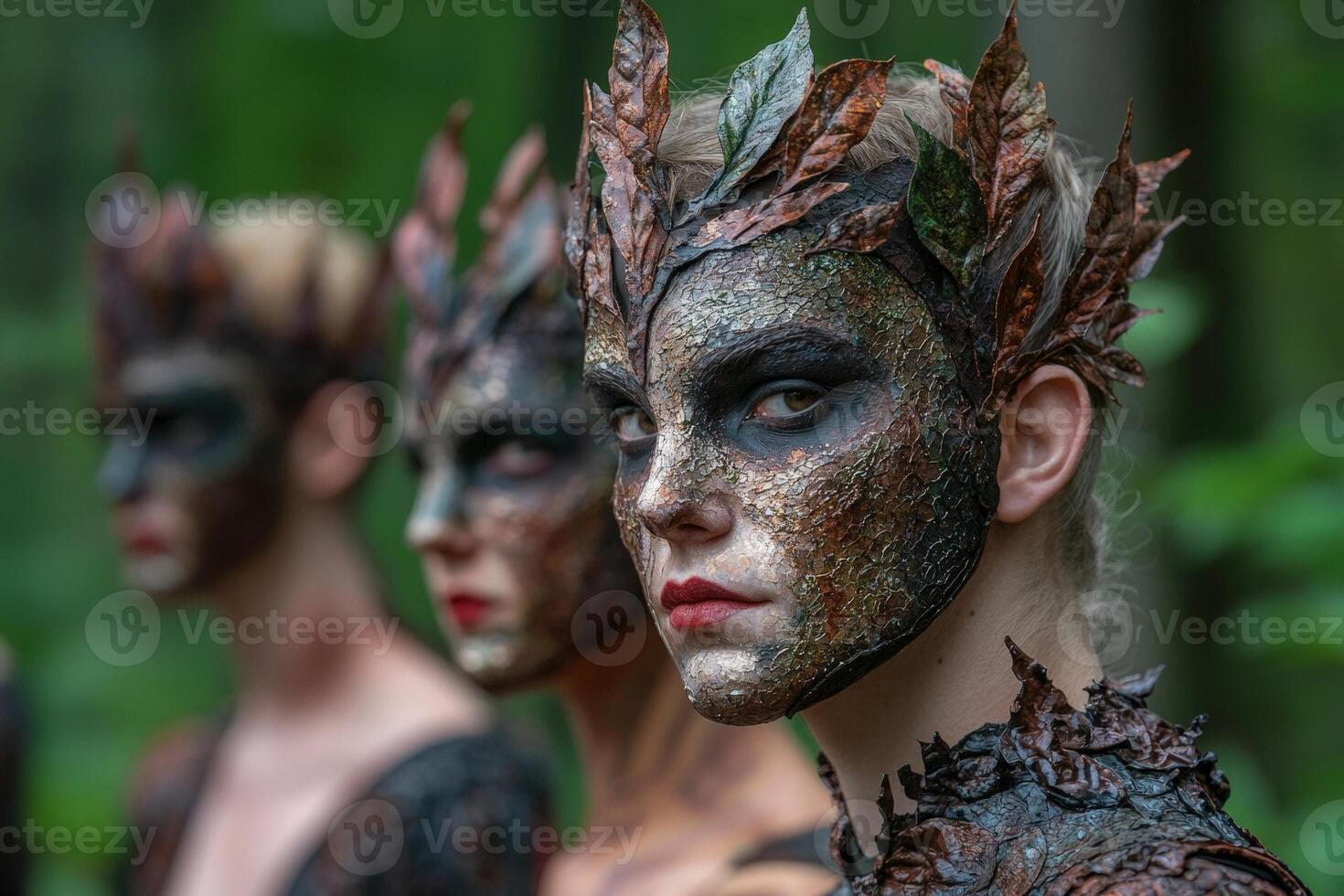 Three women with intricate makeup and leaf crowns stand in a forest photo