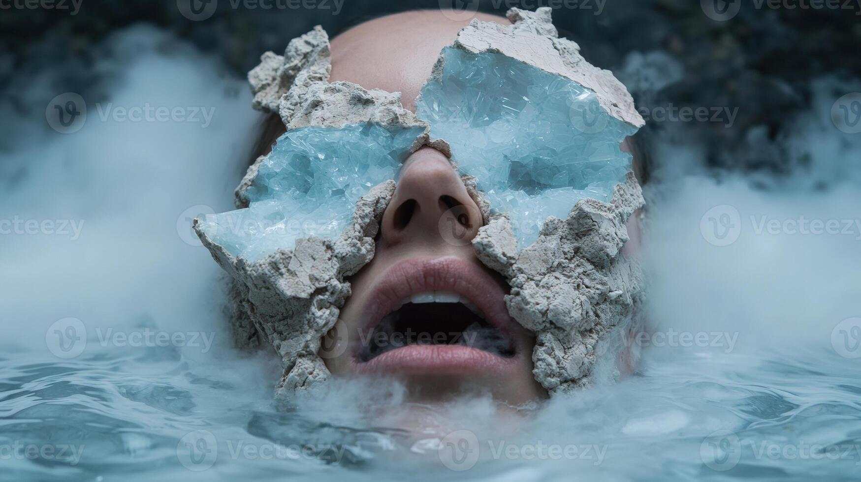 Surreal image of a persons face emerging from water with crystals covering the eyes photo